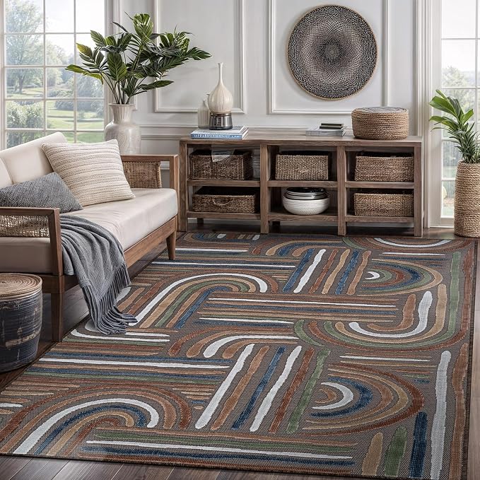 CAMILSON Indoor Outdoor Rug, Brown 6x9 Geometric Arch Striped Area Rugs for Patio and Home Areas, Easy-Cleaning Non-Shedding Living Room, Garden and Deck Washable Outside Carpet (6 x 9)