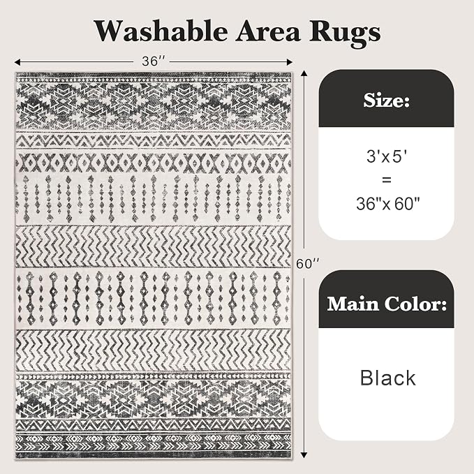 Art&Tuft 3x5 Area Rug Non Slip, Moroccan Thin Washable Entryway Rug, Black | Low Pile, Soft & Lighweight, Folable, Stain Resistant Small Indoor Carpet Rug for Living Room, Kitchen, Entrance, Doormat