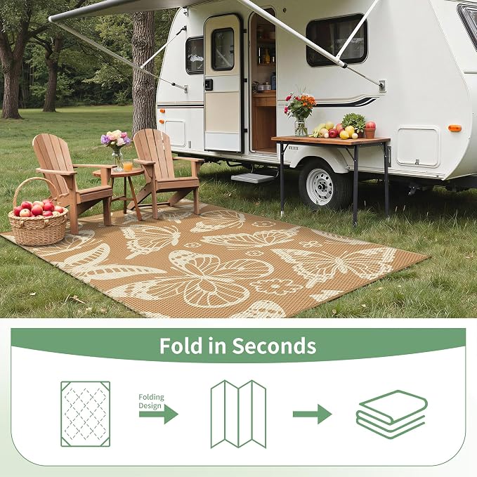 GENIMO Outdoor Rug 6' x 9' Waterproof for Patio Clearance, Reversible Plastic Straw Camping Carpet, Lightweight Mats for Rv, Camper, Deck, Porch, Picnic, Beach, Balcony,Light Brown & Beige