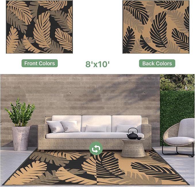 GENIMO Waterproof Outdoor Rug 8' x 10' for Patio Decor, Reversible Plastic Straw Area Rugs for Camping Clearance, RV Mat, Large Outside Carpet for Porch, Deck, Picni, Balcony, Garden, Black & Brown