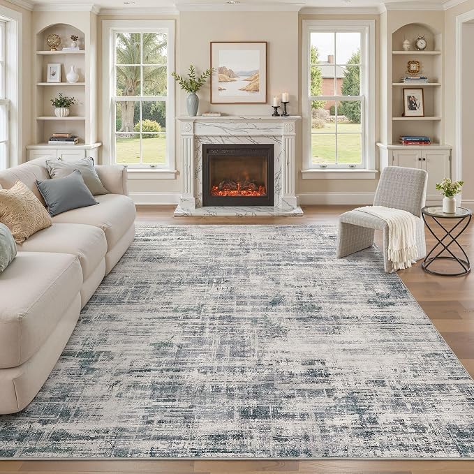 UERMEI 10x14 Area Rug for Living Room Washable Abstract Gray Carpet | Low Pile Non-Slip Soft Neutral Modern Kid Pet Friendly Large Rugs For Bedroom Dining Room Nursery Office Indoor Decor