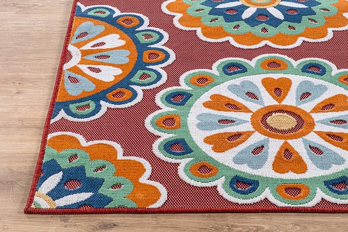 Outdoor Rug 10x14 Washable Area Rugs Indoor Outdoor Carpets Red Bohemian Medallion Non Shedding Waterproof Easy Clean Patio Deck Porch Living Room Bedroom Garden RV (10 X 14 Red)