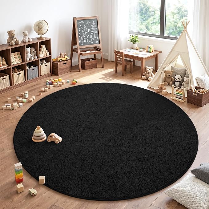 Keeko Round Area Rug 4ft for Living Room Bedroom,Soft Washable Circle Rug | Modern Indoor Memory Foam Rugs Low Pile Non Slip Carpet for Kids Dorm Room Entryway Kitchen Home Decor Black