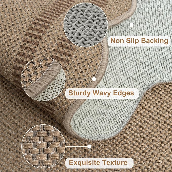 Scalloped Easy Jute 2.6x8 Kitchen Runner Rug, Washable Rugs for Entryway Non Slip Outdoor Indoor Long Rug, Farmhouse Morden Carpet for Hallway Bedroom