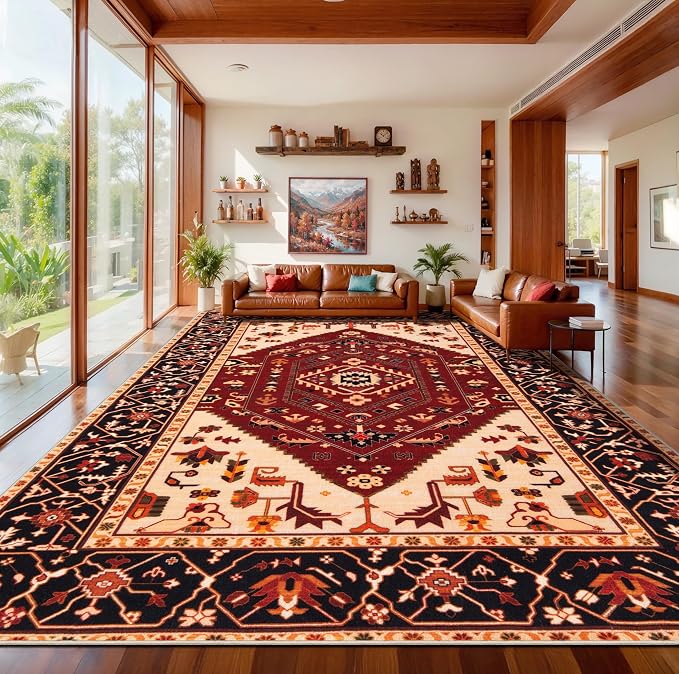 SERISSA 9x12 Washable Non Slip Boho Area Rug for Living Room，Red Black | Ultra Soft Vintage Oriental Carpet Low-Pile Distressed Tribal Throw Carpet for Dining Room Bedroom Dorm Office Home Decor