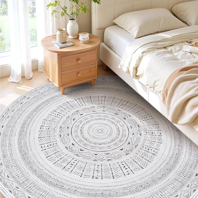 cotiled 8x8 Round Rug 8ft Circle Living Room Boho Area Rugs | Solve Modern Neutral Trendy Home Decor - Washable Foldable Indoor Carpet for Bedroom Home Office Dark Grey