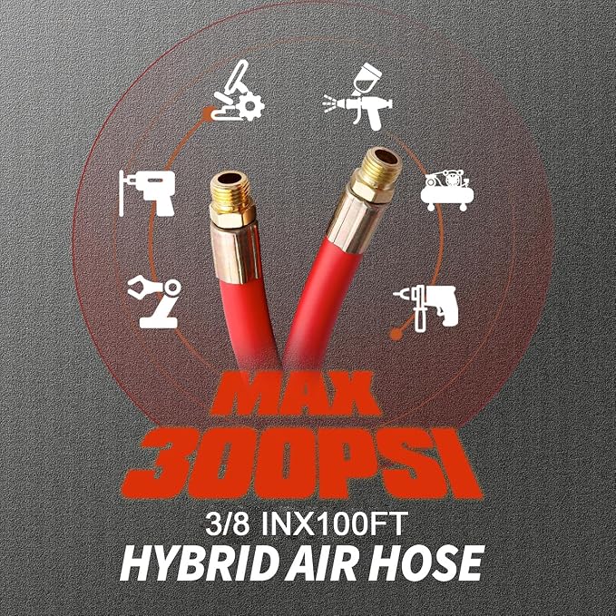 Retractable Air Hose Reel | Rewind 100 ft x 3/8 in Hybrid Air Hose Max 300PSI | Heavy Duty Air Compressor Hose Reel with Auto Rewind and Bracket | Ceiling|Wall Mount for Garage | Workshop&Home Studio