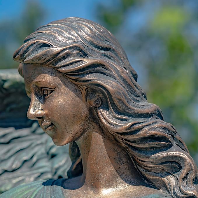 Zaer Ltd. 46" Tall Magnesium Angel Statue with Billowing Dress and Bird Perched on Shoulder in Antique Grey Maria (Antique Bronze)