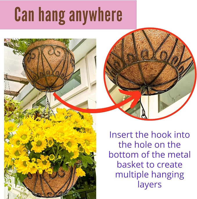 LaLaGreen Hanging Baskets for Plants (16 Inch, 6 Pack) Extra Large Hanging Flower Pot with Coco Liner Black Metal Wire Round Plant Holder with Hanger Hook Chain Outdoor Patio Deck Balcony Garden Decor