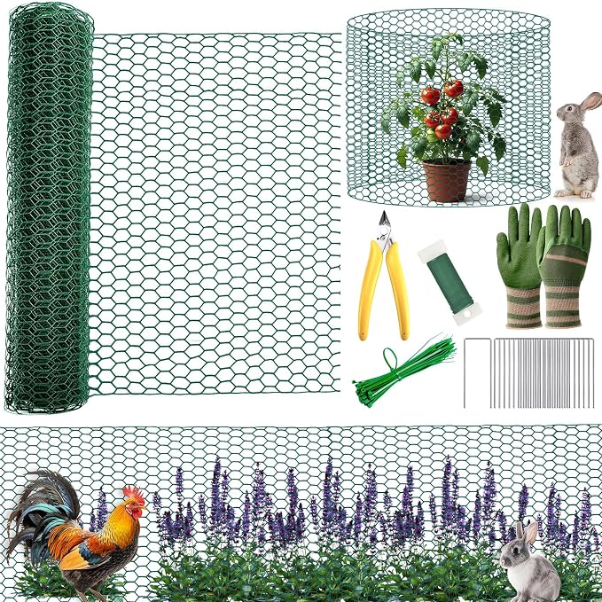All-in-One 400 Inch Plant Protectors from Animals Kit - 0.85mm Heavy Duty Chicken Wire Cloche,Free-Cut Wire Mesh Roll Includes Pliers, Gloves, Ties, Stakes for Custom Outdoor Cages (12 * 400 Inch)