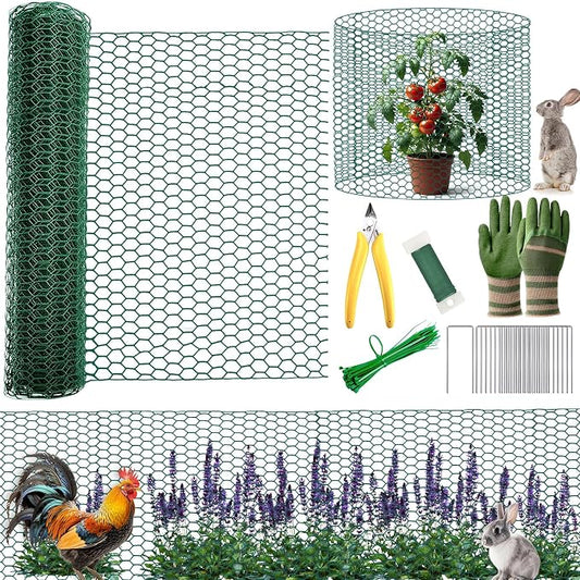 All-in-One 400 Inch Plant Protectors from Animals Kit - 0.85mm Heavy Duty Chicken Wire Cloche,Free-Cut Wire Mesh Roll Includes Pliers, Gloves, Ties, Stakes for Custom Outdoor Cages (12 * 400 Inch)