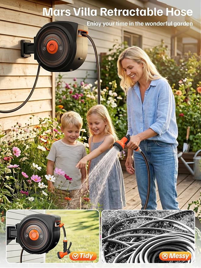 Mars Villa Retractable Garden Hose Reel 1/2 IN x 50 FT, Wall Mounted Heavy Duty Water Hose for Outside, Auto-Rewind & Any Length Lock, 180° Swivel Bracket, Slow Return, 10 Spray Patterns, UV-Resistant