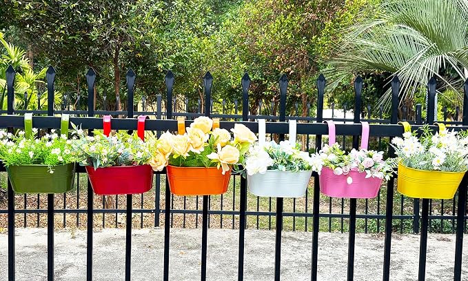 12" Balcony Railing Planters, Outdoor Hanging Planter for Fence, Stylish Metal Porch Deck Flower Pot for Herbs & Succulents (11.8", Pack of 6)
