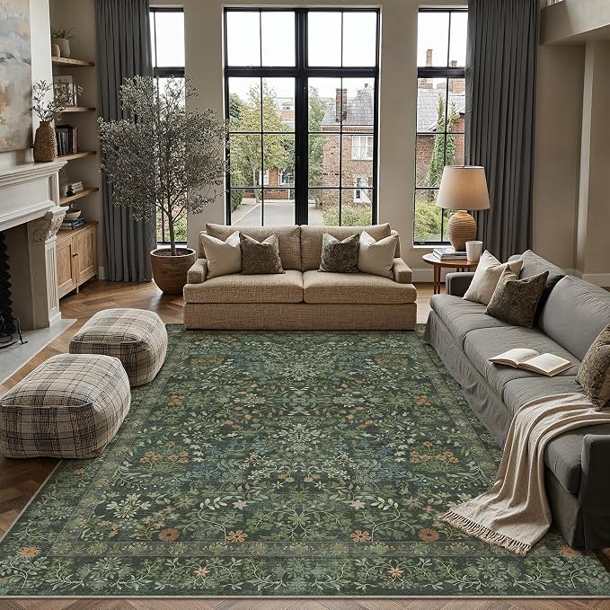 6x9 Dark Green Floral Area Rug Vintage Farmhouse Style | Washable, Non Slip, Soft Low Pile, Indoor Carpet for Living Room, Bedroom, Dining Room, Botanical Decor