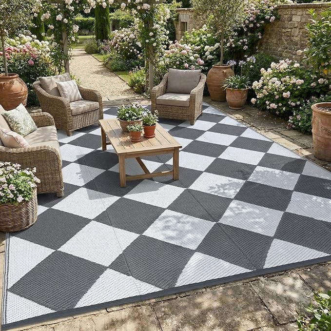 Garvee Outdoor Rug 9x18 Outdoor Patio Rug Waterproof Foldable Mat Reversible Plastic Straw Rugs Easy Clean Lightweight Carpet for Balcony Deck Picnic Backyard Camping Porch RV Beach Checkered Grey