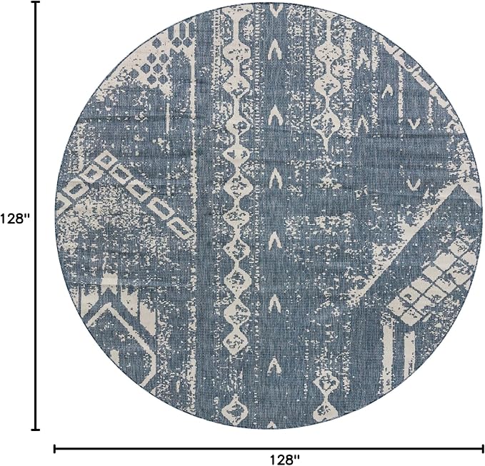 Unique Loom Outdoor Bohemian Collection Area Rug - Anthro (10' 8" Round, Blue/ Ivory)