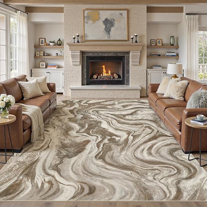 DMOYEST 9x12 Area Rug for Living Room Washable Abstract Indoor Carpet | Neutral Modern Low Pile Rugs Kid & Pet Friendly Large Soft Thin Carpet for Bedroom Dining Room and Office - Sand Brown