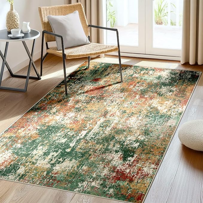 RELEANY Washable 3'x5' Abstract Area Rug for Living Room Green Multi | Carpet for Bedroom, Kitchen, Office, Hallway and Entryway, Printed Pattern, Non‑Slip, Soft, Stain‑Resistant, Easy to Clean