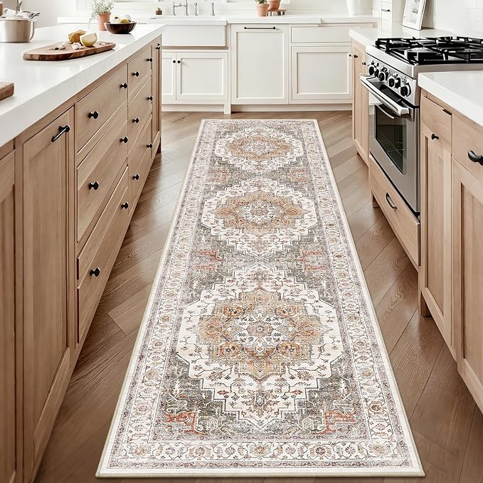 2x8 Vintage Runner Rug Low Pile Non-Slip Washable Kitchen Rug | Retro Distressed Print Rug Orange Gray Carpet Stain Resistant Non-Shedding Long Rug for Hallway Kitchen Bedroom Laundry Room
