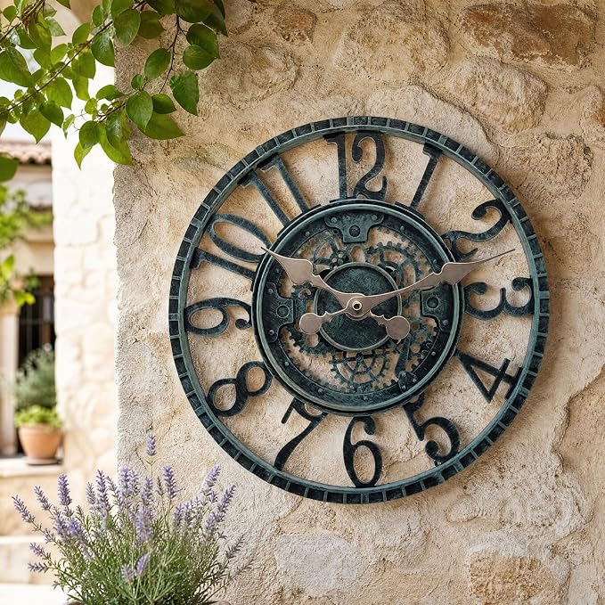 Outdoor Wall Clock for Garden, Patio and Deck, 12in Garden Clock Waterproof Clocks -Not Silent (Turquoise-A)