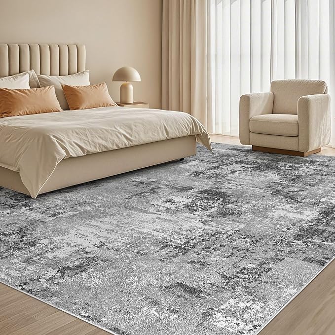 Tortania Washable 10x14 Area Rug for Living Room: Modern Abstract Neutral Large Soft Thin Rugs - Non Slip Indoor Carpet for Bedroom Dining Room Office Nursery Home Floor Decoration - Grey