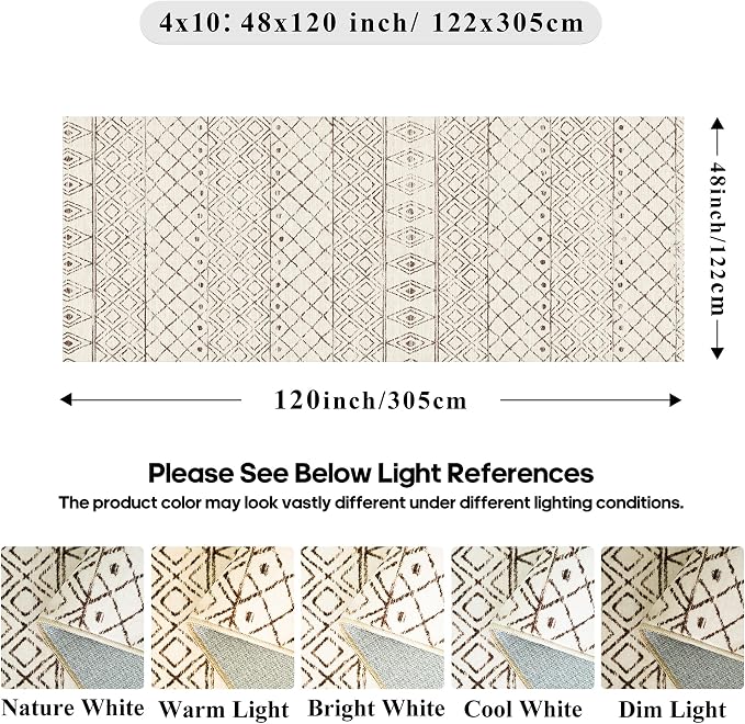 Washable 4x10 Non Slip Moroccan Runner:Hallway Runner Rug Geometric Beige | Modern Low Pile Soft Pets Friendly Runners - Indoor Thin Carpet for Kitchen Bedroom Entryway Laundry