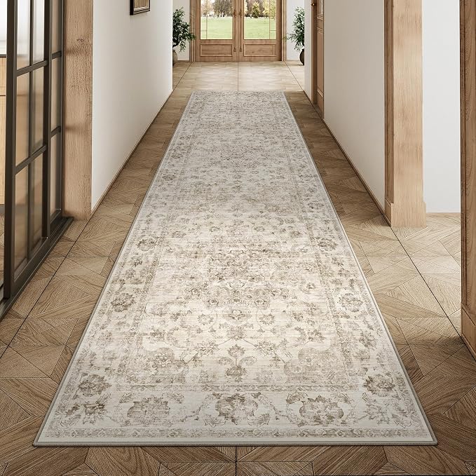 2x14 Beige Neutral Runner Rug | Washable, Non Slip, Soft Low Pile, Vintage Farmhouse, for Hallway Kitchen Laundry Bathroom Bedroom Living Room Home Decor