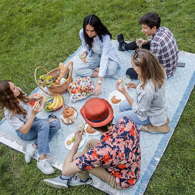 Hahafelt Extra Large Outdoor Picnic Blanket Oversize Beach Woven Cotton Yarn Blanket with Fringe Machine Washable Sandproof Portable for Spring Summer Camping Beach Park(Blue)