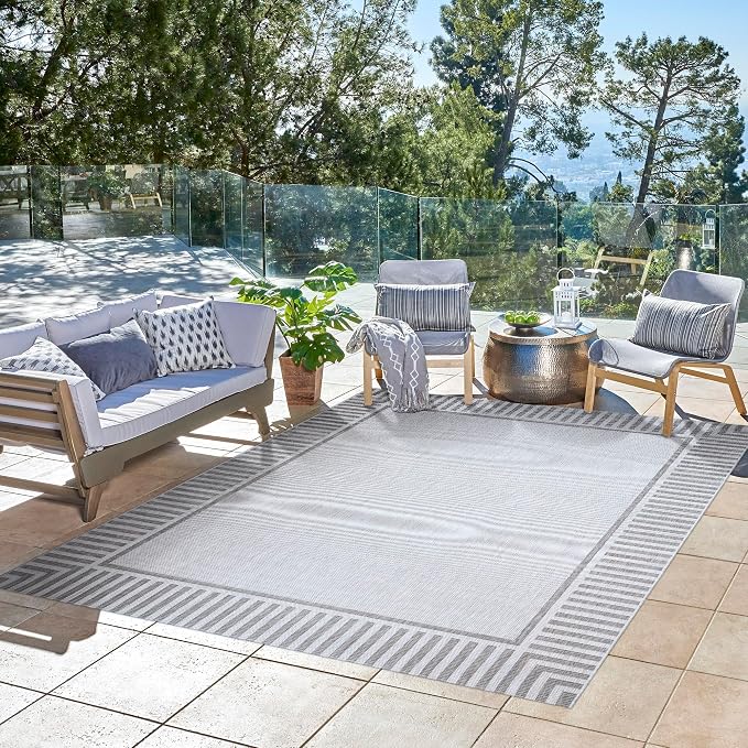 Gertmenian Indoor/Outdoor Flatweave Rug - 2x6 Runner, Stain & UV Resistant, Quick-Drying, Ideal for Deck, Patio, Poolside, Mudroom - Klano Striped Ash, Steel, 28001