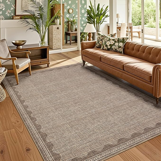 Garvee Modern Bordered Rugs for Living Room 8x10 Large Washable Rug Coffee | Non Slip Low Pile Soft Carpet Foldable Non Shedding Stain Resistant Floor Cover for Bedroom Playroom Nursery Office Dorm