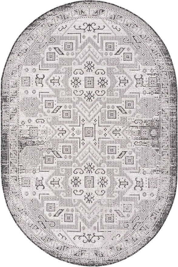 Unique Loom Outdoor Aztec Collection Area Rug - Coba (5' 3" x 7' 10" Oval, Charcoal Gray/ Ivory)