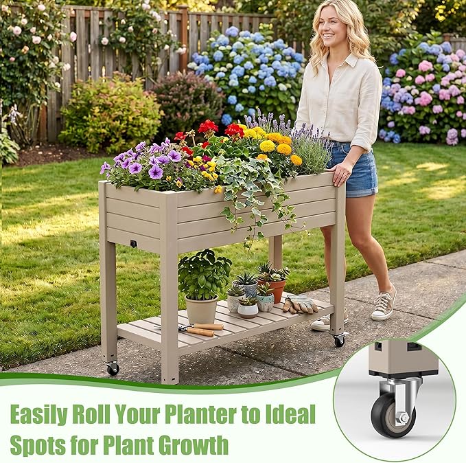 EFU Raised Garden Beds Outdoor, with Wheels for Mobility, Extra Storage Shelf, Water Level Monitoring, 21 Gallon Planter Raised Beds for Vegetables, Herbs, Fruits, Backyard, Patio, Balcony (Grey)
