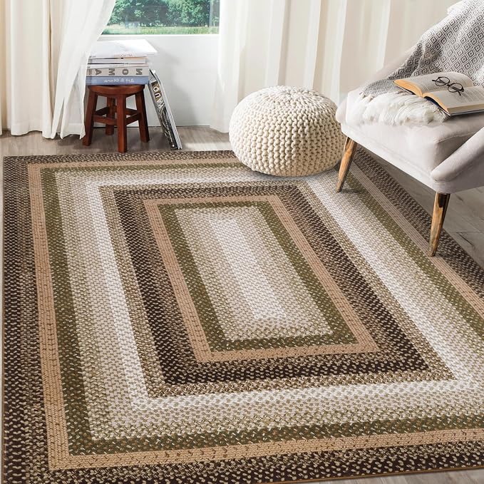 RUGSREAL Modern Rug for Entryway 3x5 Braided Washable Living Room Rug | Non Slip Small Dining Room Throw Carpet Stain Resistant Farmhouse Rustic Area Rug for Bedroom Kitchen, Moss/Brown