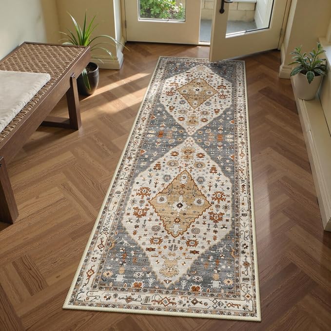 Lahome Felice Long Bathroom Rugs Runner, 2x6 Hallway Runner Rug, Oriental Machine Washable Soft Non Slip Non Shedding Low Pile Printed Indoor Throw Carpet Runner for Entryway Bathroom Laundry, Gold