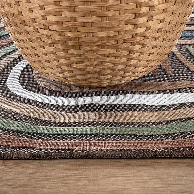 CAMILSON Indoor Outdoor Rug, Brown 5x7 Geometric Arch Striped Area Rugs for Patio and Home Areas, Easy-Cleaning Non-Shedding Living Room, Garden and Deck Washable Outside Carpet (5 x 7)