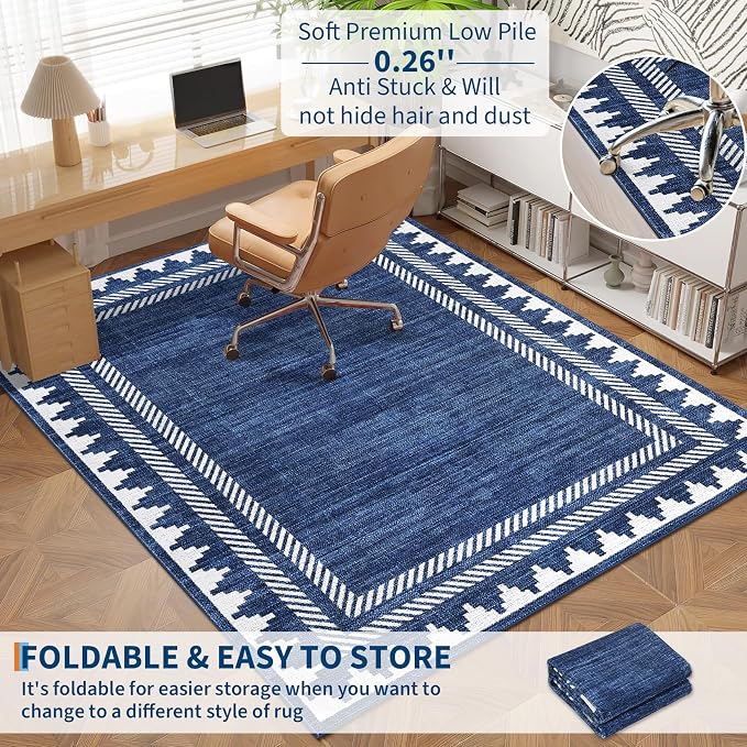 GarveeHome Washable Rug 5x7 Unique Bordered Geometric Rug for Living Room,Modern Neutral Carpet with Non Slip TPR Backing, Soft Non Shedding Floor Covering, Low Pile Foldable Mat for Nursery,Blue