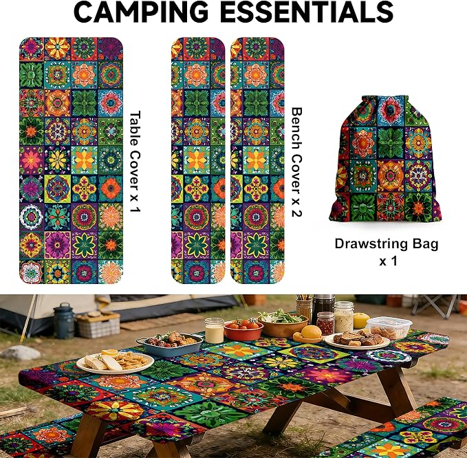 NYZE 3 Pieces Picnic Table Cover with Bench Covers Set, Camping Tablecloth, Tablecloth Cover with Drawstring Bag, Camping Essentials for Outdoor Picnics, Patio, BBQ (Colorful Mandala)