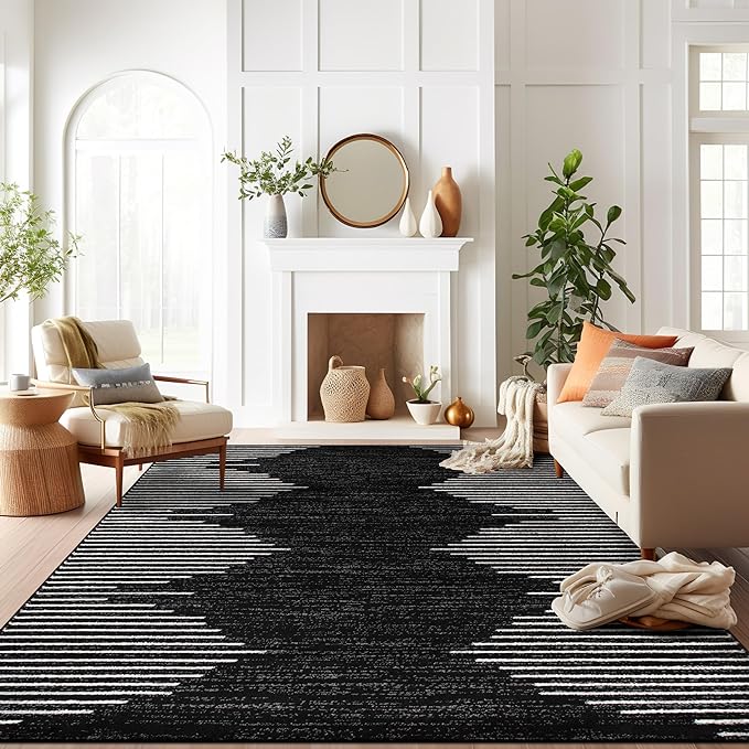 Rugshop Bohemian Stripe Stain Resistant Large Area Rug Black 7'10" x 10' | High Traffic,Fade Resistant, Living Room, Bedroom, Dining Room, Home Office, Kitchen, Entryway, Hallway, Nursery,Basement