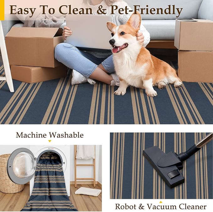 PureCozy Striped Easy Jute Rug 5x7 Blue Living Room Carpet Washable Non Slip Bedroom Office Rug Farmhouse Neutral Non Shedding Indoor Outdoor Large Carpet for Kitchen Dining Room