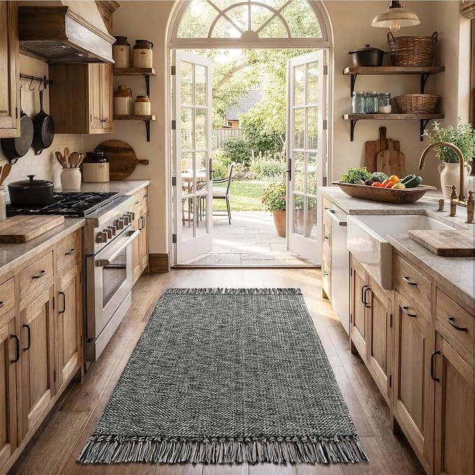 3' x 5' Indoor Entryway Rug, Boho Modern Black Washable Kitchen Rug | Cotton Blend Hand-Woven Bedside Rug, Farmhouse Braided Indoor Door Mat, Reversible Throw Carpet for Bedroom Bathroom
