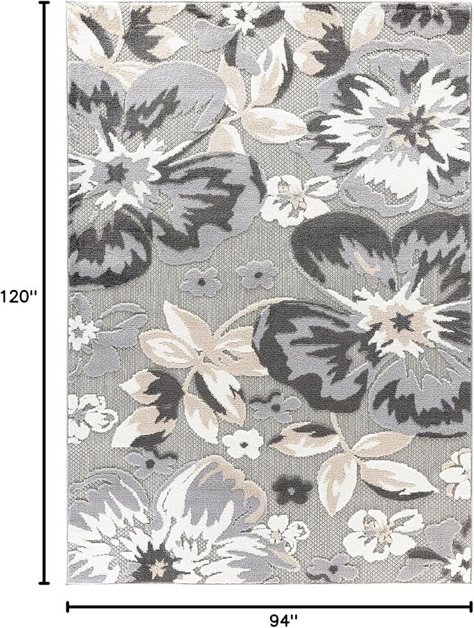 Rugshop Bergamo Contemporary Floral Non-Shedding Easy Cleaning Patio Deck Backyard Indoor/Outdoor Area Rug 7'10" x 10' Gray