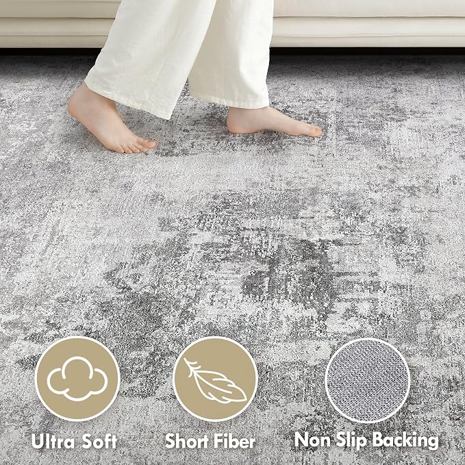 Tortania Washable 10x14 Area Rug for Living Room: Modern Abstract Neutral Large Soft Thin Rugs - Non Slip Indoor Carpet for Bedroom Dining Room Office Nursery Home Floor Decoration - Smoky Gray