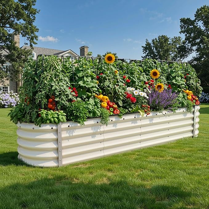 YITAHOME 8x2x1.5ft Galvanized Oval Raised Garden Bed, Metal Planter Box with Safety Rubber, Gloves, Outdoor Flower Bed for Planting Plants Vegetables, Cream Yellow