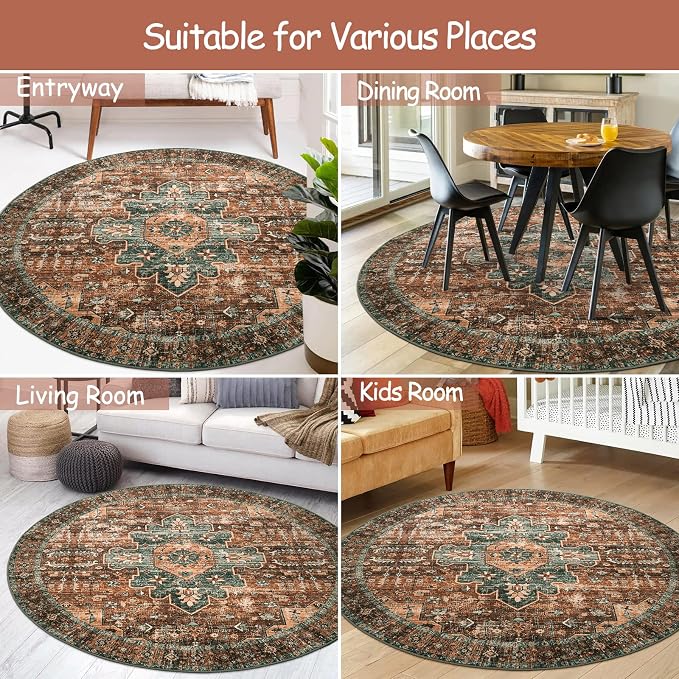Moynesa Ultra-Thin Washable Round Rug - 5ft Entryway Round Rug Vintage Kitchen Mat, Non-Slip Non-Shedding Stain Resistant Bedroom Carpet for Indoor Living Dining Room Coffee Table Nursery