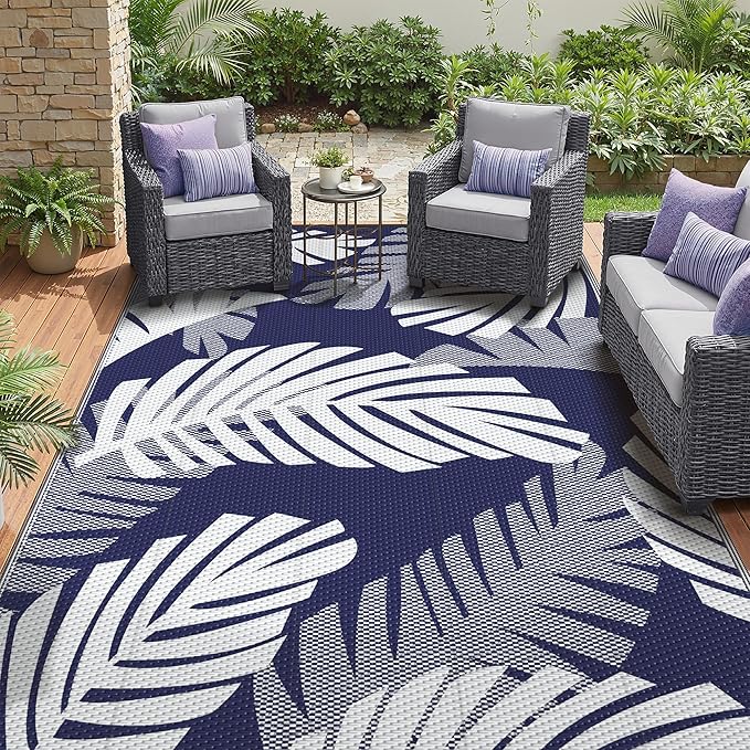 GENIMO Waterproof Outdoor Rug 9' x 12' for Patio Decor, Reversible Plastic Straw Area Rugs for Camping Clearance, RV Mat, Large Outside Carpet for Porch, Deck, Picni, Balcony, Garden, Blue & White