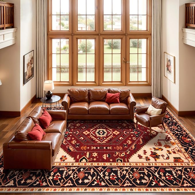 SERISSA 9x12 Washable Non Slip Boho Area Rug for Living Room，Red Black | Ultra Soft Vintage Oriental Carpet Low-Pile Distressed Tribal Throw Carpet for Dining Room Bedroom Dorm Office Home Decor