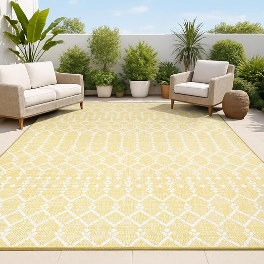 JONATHAN Y Moroccan Geometric Indoor Outdoor Area Rug 4X6 Yellow/Cream, Ourika Textured Weave for Backyard, Patio, Porch, Easy-Cleaning, High Traffic, Pet-Friendly, Non-Shedding (SMB108G-4)