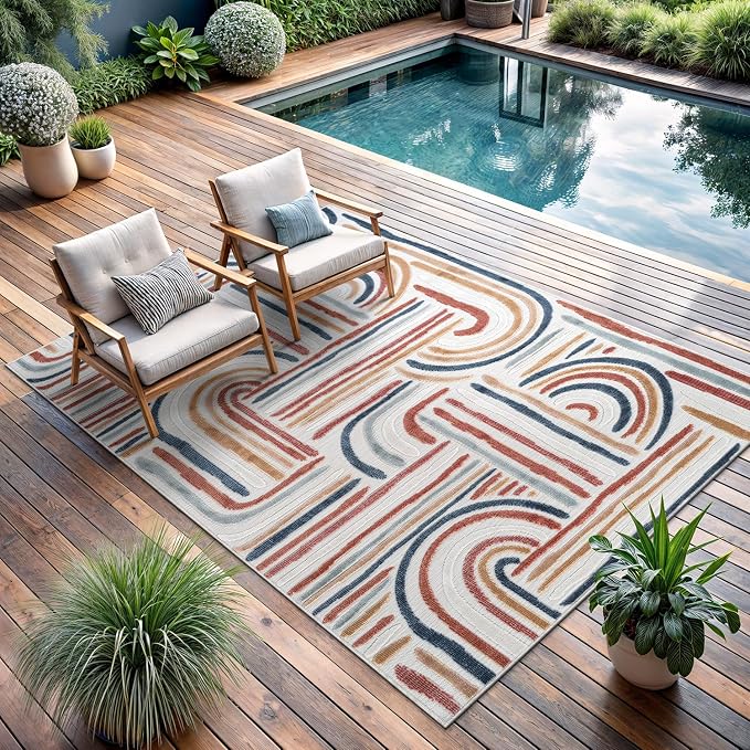 CAMILSON Indoor Outdoor Rug, Multicolor 9x12 Geometric Arch Striped Large Area Rugs for Patio and Home Areas, Easy-Cleaning Non-Shedding Living Room, Garden and Deck Washable Outside Carpet (9 x 12)