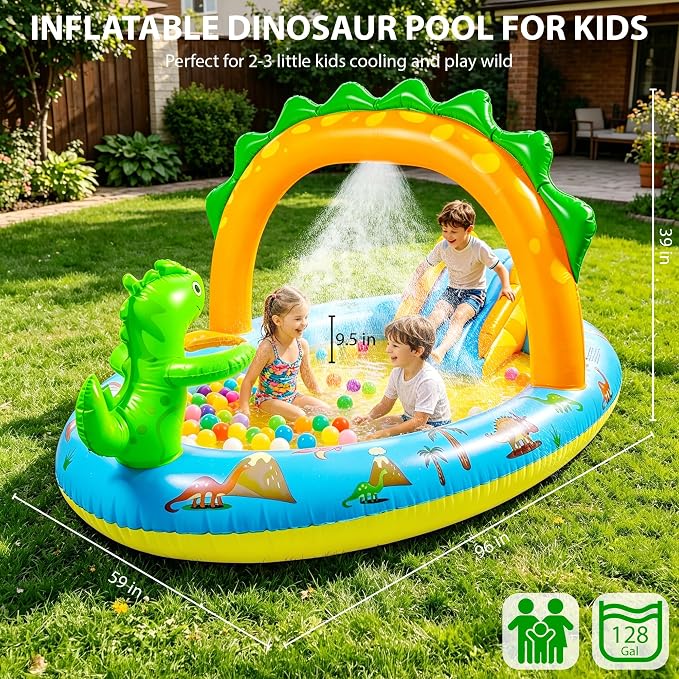 SULIFEEL 2026 Inflatable Dinosaur Play Center Kiddie Pool with Slide and Sprinkler for Children, Toddler Blow Up Splash Pad for Backyard and Garden 96"x59"x39"