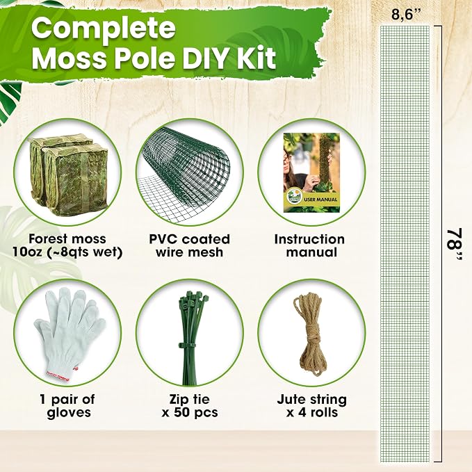 DUSPRO DIY Moss Pole Kit, Metal Moss Pole for Plant Monstera, Pothos, Philodendron, 1pc 8.6’’ x 6.5 ft Wire Moss Pole Mesh with Forest Moss, Cable Zip Ties, Gloves